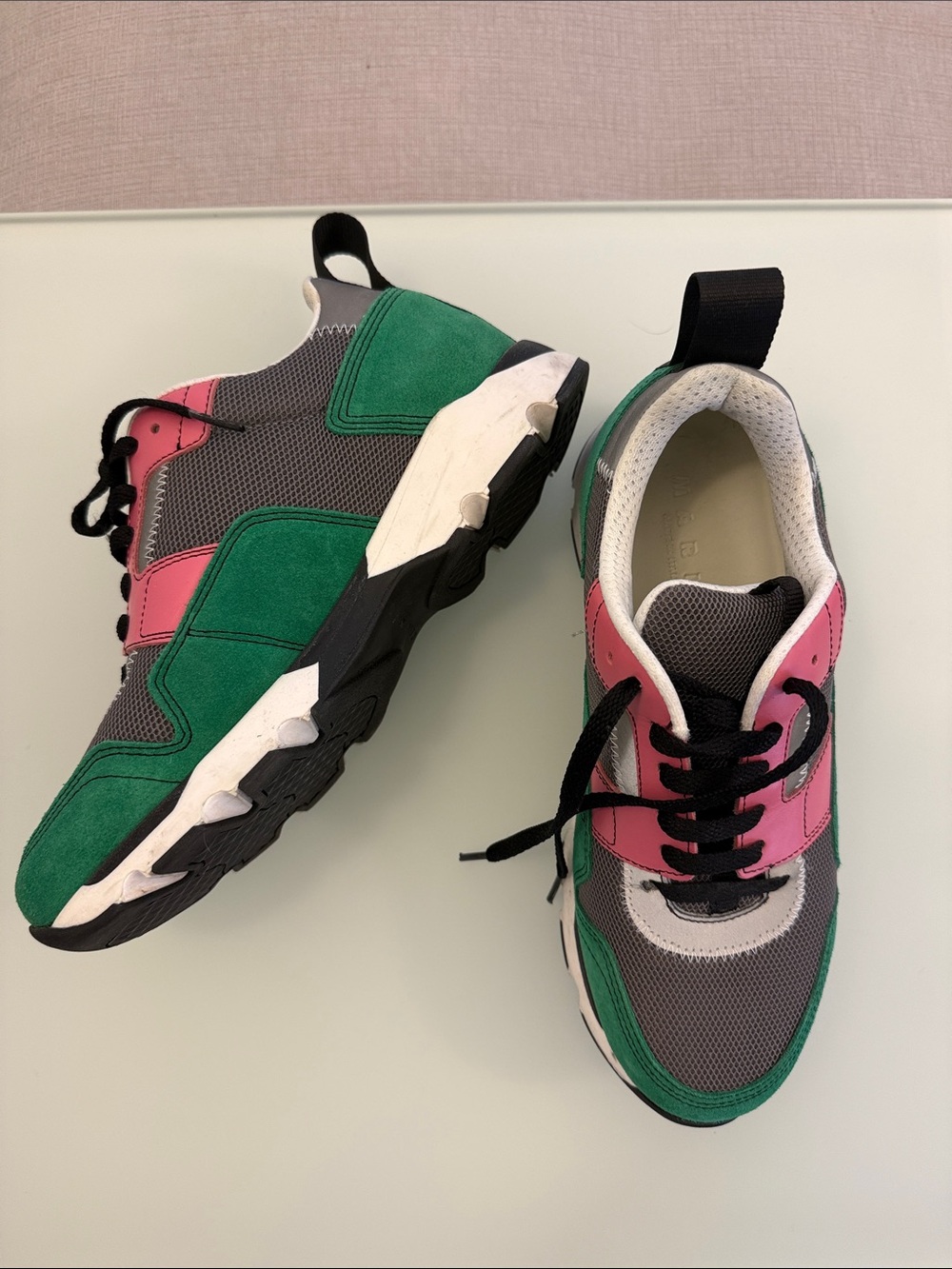 Marni Green Pink Gray Black Suede-Trim Chunky Sneakers